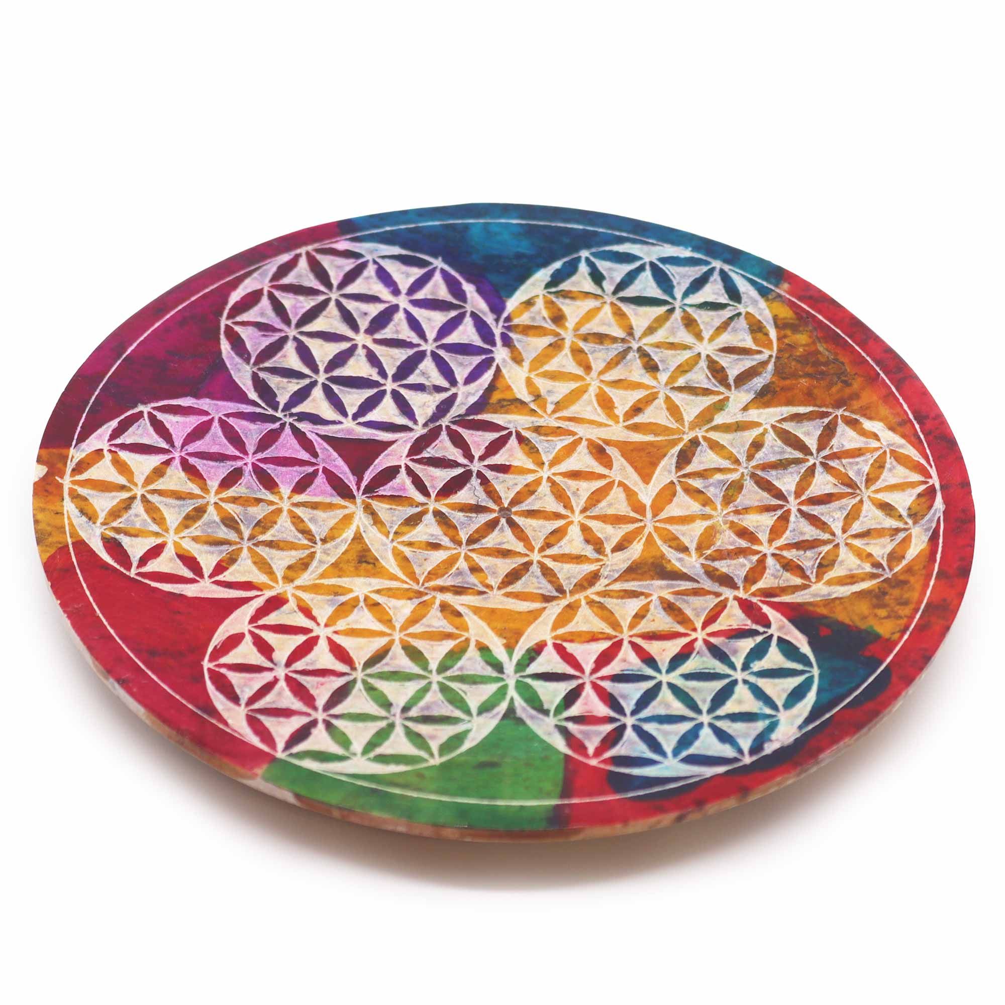 Soapstone Disc Incense Holder - 7 Flower of Life - 12 (cm)