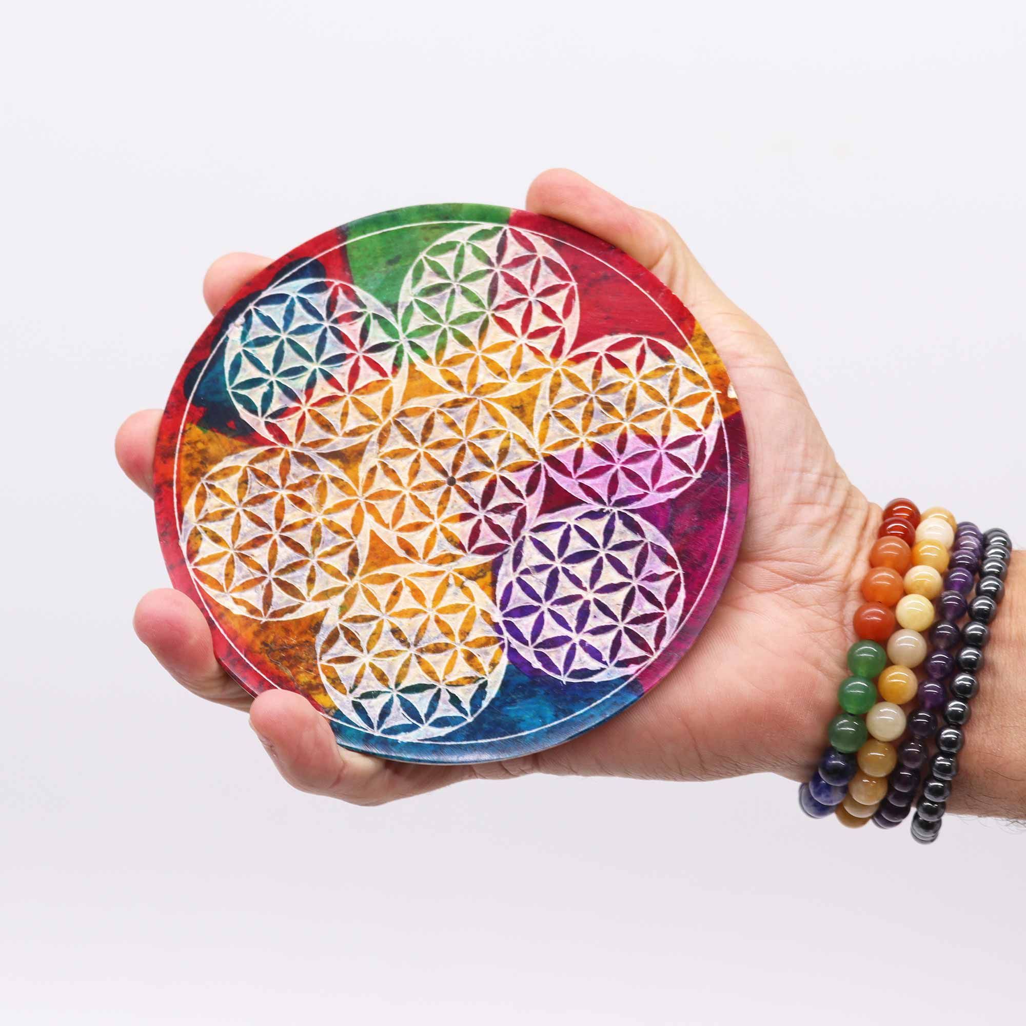 Soapstone Disc Incense Holder - 7 Flower of Life - 12 (cm) - Image 3