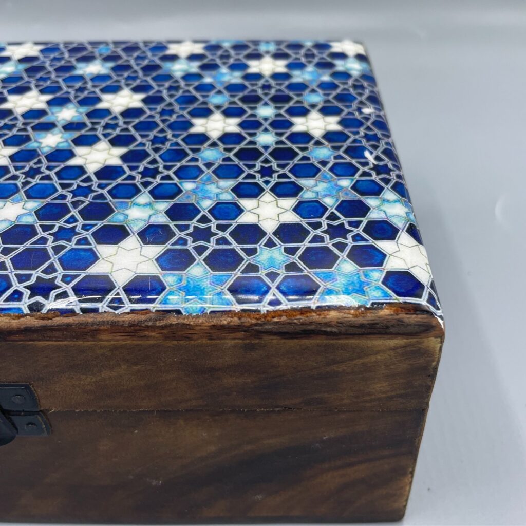 Ceramic Glazed Blue Stars Wood Box - Large