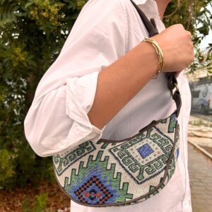 Jacquard Hobo Bag - Geo-Green with brown strap