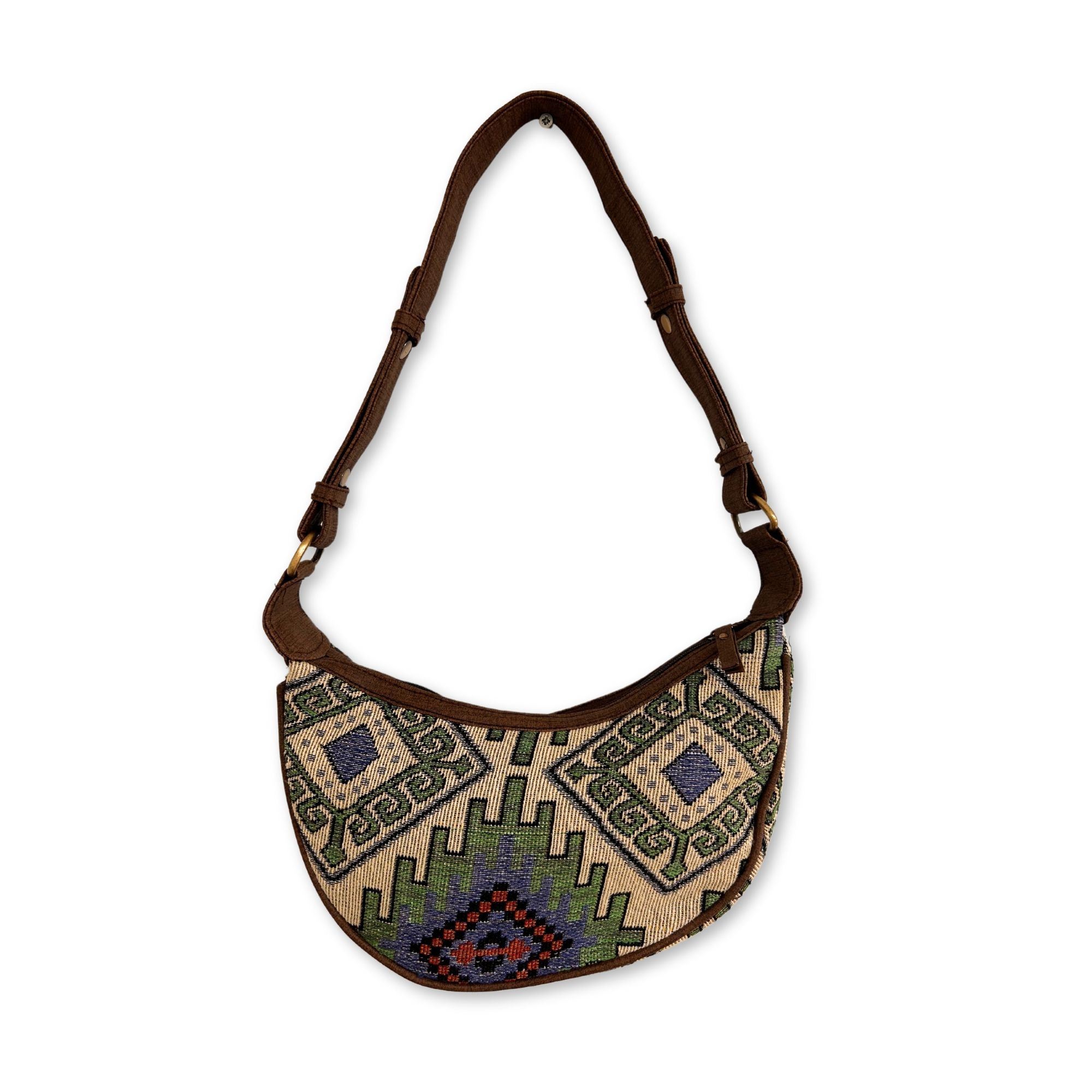 Jacquard Hobo Bag - Geo-Green with brown strap - Image 2