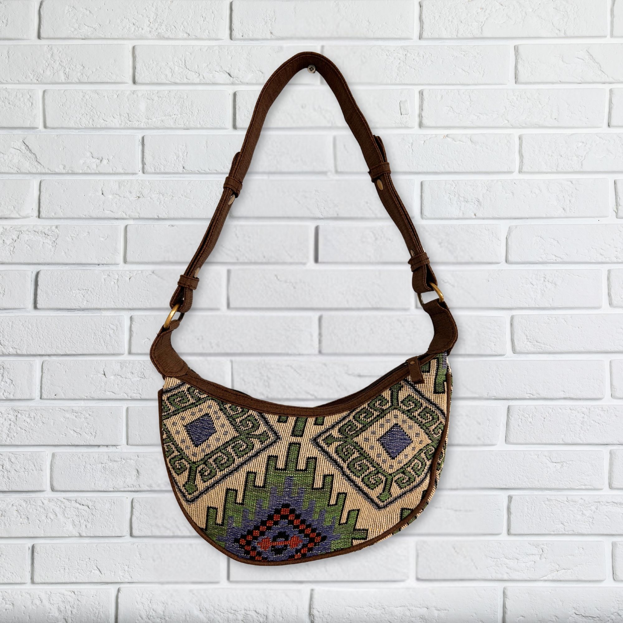 Jacquard Hobo Bag - Geo-Green with brown strap - Image 3